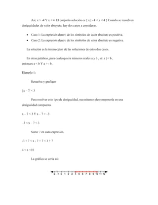Así, x > -4 Y x < 4. El conjunto solución es { x | - 4 < x < 4 } Cuando se resuelven
desigualdades de valor absoluto, hay dos casos a considerar.
 Caso 1: La expresión dentro de los símbolos de valor absoluto es positiva.
 Caso 2: La expresión dentro de los símbolos de valor absoluto es negativa.
La solución es la intersección de las soluciones de estos dos casos.
En otras palabras, para cualesquiera números reales a y b , si | a | < b ,
entonces a < b Y a > - b .
Ejemplo 1:
Resuelva y grafique
| x – 7| < 3
Para resolver este tipo de desigualdad, necesitamos descomponerla en una
desigualdad compuesta.
x – 7 < 3 Y x – 7 > –3
–3 < x – 7 < 3
Sume 7 en cada expresión.
-3 + 7 < x - 7 + 7 < 3 + 7
4 < x <10
La gráfica se vería así:
 