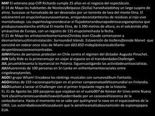 MAY El veterano pop Cliff Richards cumple 25 años en el negocio del espectáculo.
El 14 de Mayo los habitantes de NicolosiyBelpasso (Sicilia) hanexhaladohoy un largo suspiro de
alivio. Suscasas se hansalvado de ser devoradas por un torrente de lava del monte Etna. El
volcánentró en erupciónhaceunassemanas, arrojandoconstantesríos de residuos al rojo vivo
montañaabajo. Los expertoslograrondesviar el flujodetonandounapoderosacargaexplosiva que
produjounaavalancha artificial El monte Etna, de 3.390 metros de altura, es el volcánmás alto
ymásactivo de Europa, con un registro de 135 erupcioneshasta la fecha.
El 21 de Mayo los artistasnorteamericanosChristoy Jean-Claude comenzaron a
desmantelarsuúltimaInstalación: Surrounded Islands. Estaversión de losNenúfaresde Monet -que
consistió en rodear once islas de Miami con 603.850 mideplásticorosabrillante-
despertóreaccionesencontradas.
JUNMillares de personas protestan en Chile contra el régimen del dictador Augusto Pinochet.
JUN Sally Ride es la primeramujer en viajar al espacio en el transbordadorChallenger.
JUL jaruzelskilevanta la leymarcial en Polonia. Siguencastigando las actividadesantisocialistas.
JULMuerenmás de 100 personas en Sri Lanka en enfrentamientosraciales entre
cingalesesytamiles.
AGOEl grupo Wham! Encabeza los ránkings musicales con sunuevoálbum Fantastic.
AGOAtletas de 159 nacionesparticipan en el primer campeonatoatléticomundial en Finlandia.
AGOVuelven a lanzar el Challenger con el primer tripulante negro de la historia.
EL 31 de Agosto los 269 pasajeros que viajaban en el vuelo007 de Korean Air Unes entre Nueva
York ySeúlmurieroncuandodichoaviónfuederribado por un cazasoviéticocerca de la
costasiberiana. Hasta el momento no se sabe por quéingresó la nave en el espacioaéreo de la
URSS. Las autoridadessoviéticasaducen que la aerolínearealizabaunamisión de espionajepara
EUA.
 