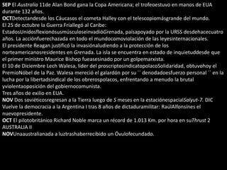 SEP El Australia 11de Alan Bond gana la Copa Americana; el trofeoestuvo en manos de EUA
durante 132 años.
OCTDetectandesde los Cáucasos el cometa Halley con el telescopiomásgrande del mundo.
El 25 de octubre la Guerra Fríallegó al Caribe:
EstadosUnidosflexionósusmúsculoseinvadióGrenada, paísapoyado por la URSS desdehacecuatro
años. La acciónfuerechazada en todo el mundocomoviolación de las leyesinternacionales.
El presidente Reagan justificó la invasiónaludiendo a la protección de los
norteamericanosresidentes en Grenada. La isla se encuentra en estado de inquietuddesde que
el primer ministro Maurice Bishop fueasesinado por un golpemarxista.
El 10 de Diciembre Lech Walesa, líder del proscriptosindicatopolacoSolidaridad, obtuvohoy el
PremioNóbel de la Paz. Walesa mereció el galardón por su ´´ denodadoesfuerzo personal ´´ en la
lucha por la libertadsindical de los obrerospolacos, enfrentando a menudo la brutal
yviolentaoposición del gobiernocomunista.
Tres años de exilio en EUA.
NOV Dos soviéticosregresan a la Tierra luego de S meses en la estaciónespacialSalyut-7. DIC
Vuelve la democracia a la Argentina I tras 8 años de dictaduramilitar: RaúlAlfonsínes el
nuevopresidente.
OCT El pilotobritánico Richard Noble marca un récord de 1.013 Km. por hora en suThrust 2
AUSTRALIA II
NOVUnaaustralianada a luztrashaberrecibido un Óvulofecundado.
 