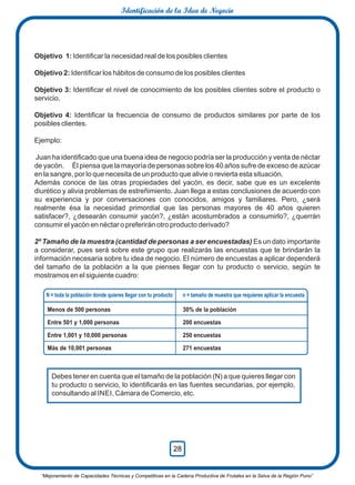 Objetivo 1: Identiﬁcar la necesidad real de los posibles clientes
Objetivo 2: Identiﬁcar los hábitos de consumo de los posibles clientes
Objetivo 3: Identiﬁcar el nivel de conocimiento de los posibles clientes sobre el producto o
servicio.
Objetivo 4: Identiﬁcar la frecuencia de consumo de productos similares por parte de los
posibles clientes.
Ejemplo:
Juan ha identiﬁcado que una buena idea de negocio podría ser la producción y venta de néctar
de yacón.   Él piensa que la mayoría de personas sobre los 40 años sufre de exceso de azúcar
en la sangre, por lo que necesita de un producto que alivie o revierta esta situación.
Además conoce de las otras propiedades del yacón, es decir, sabe que es un excelente
diurético y alivia problemas de estreñimiento. Juan llega a estas conclusiones de acuerdo con
su experiencia y por conversaciones con conocidos, amigos y familiares. Pero, ¿será
realmente ésa la necesidad primordial que las personas mayores de 40 años quieren
satisfacer?, ¿desearán consumir yacón?, ¿están acostumbrados a consumirlo?, ¿querrán
consumir el yacón en néctar o preferirán otro producto derivado?
2º Tamaño de la muestra (cantidad de personas a ser encuestadas) Es un dato importante
a considerar, pues será sobre este grupo que realizarás las encuestas que te brindarán la
información necesaria sobre tu idea de negocio. El número de encuestas a aplicar dependerá
del tamaño de la población a la que pienses llegar con tu producto o servicio, según te
mostramos en el siguiente cuadro:
Menos de 500 personas
Entre 501 y 1,000 personas
Entre 1,001 y 10,000 personas
Más de 10,001 personas
N = toda la población donde quieres llegar con tu producto n = tamaño de muestra que requieres aplicar la encuesta
30% de la población
200 encuestas
250 encuestas
271 encuestas
Debes tener en cuenta que el tamaño de la población (N) a que quieres llegar con
tu producto o servicio, lo identiﬁcarás en las fuentes secundarias, por ejemplo,
consultando al INEI, Cámara de Comercio, etc.
Identificación de la Idea de Negocio
“Mejoramiento de Capacidades Técnicas y Competitivas en la Cadena Productiva de Frutales en la Selva de la Región Puno”
28
Identificación de la Idea de Negocio
 