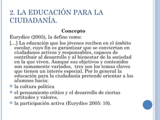 2. LA EDUCACIÓN PARA LA CIUDADANÍA. Concepto Eurydice (2005), la define como: […] La educación que los jóvenes reciben en el ámbito escolar, cuyo fin es garantizar que se conviertan en ciudadanos activos y responsables, capaces de contribuir al desarrollo y al bienestar de la sociedad en la que viven. Aunque sus objetivos y contenidos son sumamente variados,  tres son los temas claves que tienen un interés especial. Por lo general la educación para la ciudadanía pretende orientar a los alumnos hacia:  la cultura política el pensamiento crítico y el desarrollo de ciertas actitudes y valores,  la participación activa (Eurydice 2005: 10). 