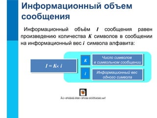 Информационный объем 
сообщения 
Информационный объём I сообщения равен 
произведению количества K символов в сообщении 
на информационный вес i символа алфавита: 
K 
i 
I = K i 
Число символов 
Число символов 
в символьном сообщении 
Информационный вес 
в символьном сообщении 
Информационный вес 
одного символа 
одного символа 
´ 
Âû÷èñëåíèå êîëè÷åñòâà èíôîðìàöèè.swf 
 