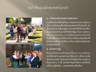 ๑. ด้านการอานวยความสะดวก 
ช่วยให้นักท่องเที่ยวได้รับความสะดวกจากการเดินทาง 
เนื่องจากนักท่องเที่ยวเป็นคนแปลกหน้าในท้องถิ่น ไม่ 
คุ้นเคยกับสถานที่และผู้คน หากปล่อยให้นักท่องเที่ยว 
เดินทางโดยลาพังอาจทาให้เกิดปัญหาในการเดินทาง 
เ ช่น ก า ร ห ล ง ท า ง ห า ก มีมัค คุเ ท ศ ก์จ ะ ช่ว ย ใ ห้ 
นักท่องเที่ยวสามารถใช้เวลาในการเดินทางท่องเที่ยวได้ 
คุ้มกับการเสียเงิน ไม่เสียเวลากับการเดินทางโดยเปล่า 
ประโยชน์ เป็นต้น 
๒. ด้านความรู้ 
มัคคุเทศก์สามารถถ่ายทอดเรื่องราว ความเป็นมา 
ประวัติศาสตร์ และพงศาวดารได้มากกว่า เนื่องจากเป็น 
เจ้าของประเทศ มัคคุเทศก์จะเป็นผู้ช่วยในการอธิบาย 
เรื่องราวต่าง ๆ ได้ และสิ่งสา คัญทา ให้ทราบสิ่งที่เป็น 
เกร็ดความรู้สา คัญ ๆ ของแหล่งท่องเที่ยวด้วย 
 