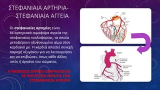 ΣΤΕΦΑΝΙΑΙΑ ΑΡΤΗΡΙΑ-
ΣΤΕΦΑΝΙΑΙΑ ΑΓΓΕΙΑ
Η ΜΕΘΟΔΟΣ BYPASS ΕΦΑΡΜΟΖΕΤΑΙ
ΣΕ ΠΕΡΙΠΤΩΣΗ ΦΡΑΓΗΣ ΤΩΝ
ΣΤΕΦΑΝΙΑΙΩΝ ΑΓΓΕΙΩΝ
Οι στεφανιαίες αρτηρίες είναι
τα αρτηριακά αιμοφόρα αγγεία της
στεφανιαίας κυκλοφορίας, τα οποία
μεταφέρουν οξυγονωμένο αίμα στον
καρδιακό μυ. Η καρδιά απαιτεί συνεχή
παροχή οξυγόνου για να λειτουργήσει
και να επιβιώσει, όπως κάθε άλλος
ιστός ή όργανο του σώματος.
 