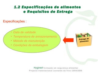 • Data de validade
• Temperatura de armazenamento
• Método de manutenção
• Condições de embalagem
1.2 Especificações de alimentos
e Requisitos de Entrega
Especificações :
Entrega de
alimentos
 