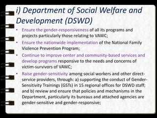 i) Department of Social Welfare and
Development (DSWD)
• Ensure the gender-responsiveness of all its programs and
projects...