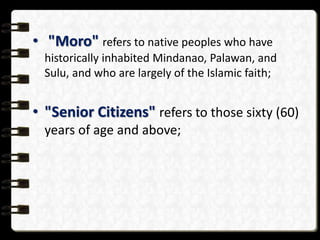 • "Moro" refers to native peoples who have
historically inhabited Mindanao, Palawan, and
Sulu, and who are largely of the ...