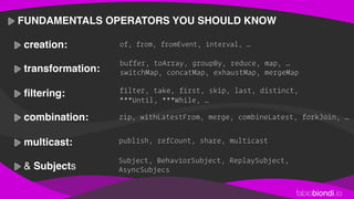 fabiobiondi.io
FUNDAMENTALS OPERATORS YOU SHOULD KNOW 
creation: 
transformation: 
ﬁltering: 
combination:
multicast: 
& Subjects
of, from, fromEvent, interval, …
buffer, toArray, groupBy, reduce, map, …
switchMap, concatMap, exhaustMap, mergeMap
filter, take, first, skip, last, distinct,
***Until, ***While, …
zip, withLatestFrom, merge, combineLatest, forkJoin, …
publish, refCount, share, multicast
Subject, BehaviorSubject, ReplaySubject,
AsyncSubjecs
 