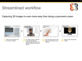 Streamlined workflow
Capturing 3D images is even more easy than doing a panoramic exam
12
Select the 3D program and
the re...
