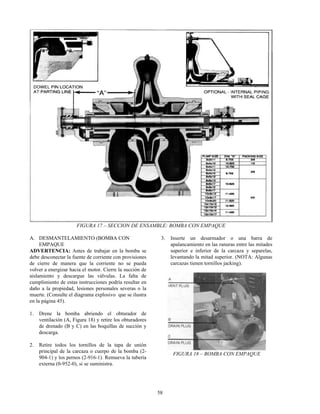58
FIGURA 17 – SECCION DE ENSAMBLE: BOMBA CON EMPAQUE
A. DESMANTELAMIENTO (BOMBA CON
EMPAQUE
ADVERTENCIA: Antes de trabajar en la bomba se
debe desconectar la fuente de corriente con provisiones
de cierre de manera que la corriente no se pueda
volver a energizar hacia el motor. Cierre la succión de
aislamiento y descargue las válvulas. La falta de
cumplimiento de estas instrucciones podría resultar en
daño a la propiedad, lesiones personales severas o la
muerte. (Consulte el diagrama explosivo que se ilustra
en la página 45).
1. Drene la bomba abriendo el obturador de
ventilación (A, Figura 18) y retire los obturadores
de drenado (B y C) en las boquillas de succión y
descarga.
2. Retire todos los tornillos de la tapa de unión
principal de la carcaza o cuerpo de la bomba (2-
904-1) y los pernos (2-916-1). Remueva la tubería
externa (0-952-0), si se suministra.
3. Inserte un desarmador o una barra de
apalancamiento en las ranuras entre las mitades
superior e inferior de la carcaza y separelas,
levantando la mitad superior. (NOTA: Algunas
carcazas tienen tornillos jacking).
FIGURA 18 – BOMBA CON EMPAQUE
 