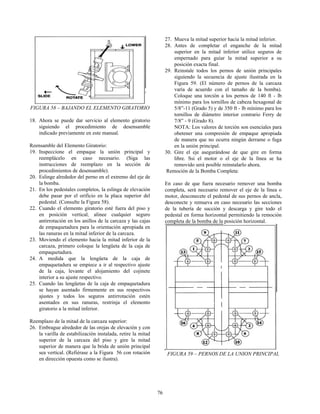76
FIGURA 58 – BAJANDO EL ELEMENTO GIRATORIO
18. Ahora se puede dar servicio al elemento giratorio
siguiendo el procedimiento de desensamble
indicado previamente en este manual.
Reensamble del Elemento Giratorio:
19. Inspeccione el empaque la unión principal y
reemplácelo en caso necesario. (Siga las
instrucciones de reemplazo en la sección de
procedimientos de desensamble).
20. Eslinge alrededor del perno en el extremo del eje de
la bomba.
21. En los pedestales completos, la eslinga de elevación
debe pasar por el orificio en la placa superior del
pedestal. (Consulte la Figura 58).
22. Cuando el elemento giratorio esté fuera del piso y
en posición vertical, alinee cualquier seguro
antirrotación en los anillos de la carcaza y las cajas
de empaquetadura para la orientación apropiada en
las ranuras en la mitad inferior de la carcaza.
23. Moviendo el elemento hacia la mitad inferior de la
carcaza, primero coloque la lengüeta de la caja de
empaquetadura.
24. A medida que la lengüeta de la caja de
empaquetadura se empiece a ir al respectivo ajuste
de la caja, levante el alojamiento del cojinete
interior a su ajuste respectivo.
25. Cuando las lengüetas de la caja de empaquetadura
se hayan asentado firmemente en sus respectivos
ajustes y todos los seguros antirrotación estén
asentados en sus ranuras, restrinja el elemento
giratorio a la mitad inferior.
Reemplazo de la mitad de la carcaza superior:
26. Embrague alrededor de las orejas de elevación y con
la varilla de estabilización instalada, retire la mitad
superior de la carcaza del piso y gire la mitad
superior de manera que la brida de unión principal
sea vertical. (Refiérase a la Figura 56 con rotación
en dirección opuesta como se ilustra).
27. Mueva la mitad superior hacia la mitad inferior.
28. Antes de completar el enganche de la mitad
superior en la mitad inferior utilice seguros de
empernado para guíar la mitad superior a su
posición exacta final.
29. Reinstale todos los pernos de unión principales
siguiendo la secuencia de ajuste ilustrada en la
Figura 59. (El número de pernos de la carcaza
varía de acuerdo con el tamaño de la bomba).
Coloque una torción a los pernos de 140 ft - lb
mínimo para los tornillos de cabeza hexagonal de
5/8”-11 (Grado 5) y de 350 ft - lb mínimo para los
tornillos de diámetro interior contrario Ferry de
7/8” - 9 (Grado 8).
NOTA: Los valores de torción son esenciales para
obetener una compresión de empaque apropiada
de manera que no ocurra ningún derrame o fuga
en la unión principal.
30. Gire el eje asegurándose de que gire en forma
libre. Ssi el motor o el eje de la línea se ha
removido será posible reinstalarlo ahora.
Remoción de la Bomba Completa:
En caso de que fuera necesario remover una bomba
completa, será necesario remover el eje de la línea o
motor, desconecete el pedestal de sus pernos de ancla,
desconecte y remueva en caso necesario las secciones
de la tubería de succión y descarga y gire todo el
pedestal en forma horizontal permitiendo la remoción
completa de la bomba de la posición horizontal.
FIGURA 59 – PERNOS DE LA UNION PRINCIPAL
 