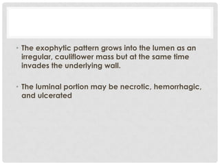 • The exophytic pattern grows into the lumen as an
  irregular, cauliflower mass but at the same time
  invades the underlying wall.

• The luminal portion may be necrotic, hemorrhagic,
  and ulcerated
 