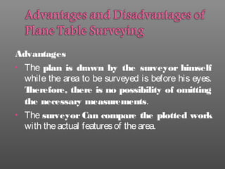 Advantages
• The plan is drawn by the surveyor himself
while the area to be surveyed is before his eyes.
Therefore, there is no possibility of omitting
the necessary measurements.
• The surveyor Can compare the plotted work
with theactual featuresof thearea.
 