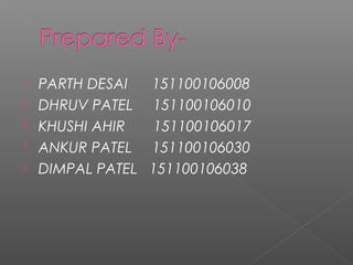  PARTH DESAI 151100106008
 DHRUV PATEL 151100106010
 KHUSHI AHIR 151100106017
 ANKUR PATEL 151100106030
 DIMPAL PATEL 151100106038
 