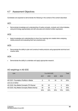 © OCR 2013 45
GCE Media Studies v6 June 2013
4.7 Assessment Objectives
Candidates are expected to demonstrate the following in the context of the content described:
AO1
• Demonstrate knowledge and understanding of media concepts, contexts and critical debates,
using terminology appropriately and with accurate and coherent written expression.
AO2
• Apply knowledge and understanding to show how meanings are created when analysing
media products and evaluating their own practical work.
AO3
• Demonstrate the ability to plan and construct media products using appropriate technical and
creative skills.
AO4
• Demonstrate the ability to undertake and apply appropriate research.
AO weightings in AS GCE
Unit % of AS GCE Total
AO1 AO2 AO3 AO4
AS G321: Foundation Portfolio in Media 0 10 30 10 50%
and one of either:
AS G322: Key Media Concepts (TV Drama) 30 20 0 0 50%
AS G323: Key Media Concepts (Radio Drama) 30 20 0 0 50%
30% 30% 30% 10% 100%
 