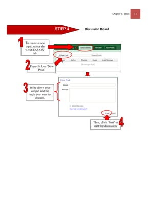 Chapter 4: Wikis   31



                        STEP 4   Discussion Board



To create a new
topic, select the
‘DISCUSSION’
      tab.



   Then click on ‘New
         Post’.




   Write down your
    subject and the
   topic you want to
        discuss.




                                      Then, click ‘Post’ to
                                      start the discussion.
 