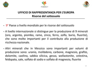 UFFICIO DI RAPPRESENTANZA PER L’EUROPA Risorse del sottosuolo 
13 
• 9° Paese a livello mondiale per le risorse del sottosuolo 
•A livello internazionale si distingue per la produzione di 9 minerali (oro, argento, piombo, rame, zinco, ferro, zolfo, bario, fluorite), che sono molto importanti per il contributo alla produzione di ricchezza nazionale. 
•Altri minerali che in Messico sono importanti per volumi di produzione sono: uranio, molibdeno, carbone, magnesio, grafite, dolomite, caolino, sabbia silicica, gesso, wollastonite, celestina, feldspato, sale, solfato di sodio e solfato di magnesio, fluorite  