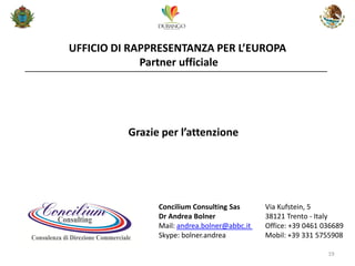 UFFICIO DI RAPPRESENTANZA PER L’EUROPA Partner ufficiale 
19 
Concilium Consulting Sas Via Kufstein, 5 Dr Andrea Bolner 38121 Trento - Italy Mail: andrea.bolner@abbc.it Office: +39 0461 036689 Skype: bolner.andrea Mobil: +39 331 5755908 
Grazie per l’attenzione 
