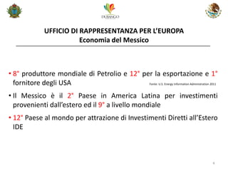 UFFICIO DI RAPPRESENTANZA PER L’EUROPA Economia del Messico 
4 
•8° produttore mondiale di Petrolio e 12° per la esportazione e 1° fornitore degli USA Fonte: U.S. Energy Information Administration 2011 
•Il Messico è il 2° Paese in America Latina per investimenti provenienti dall’estero ed il 9° a livello mondiale 
•12° Paese al mondo per attrazione di Investimenti Diretti all’Estero IDE  
