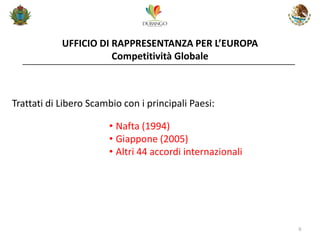 UFFICIO DI RAPPRESENTANZA PER L’EUROPA Competitività Globale 
6 
Trattati di Libero Scambio con i principali Paesi: 
•Nafta (1994) 
•Giappone (2005) 
•Altri 44 accordi internazionali  