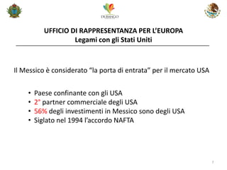 UFFICIO DI RAPPRESENTANZA PER L’EUROPA Legami con gli Stati Uniti 
7 
• Paese confinante con gli USA 
• 2° partner commerciale degli USA 
• 56% degli investimenti in Messico sono degli USA 
• Siglato nel 1994 l’accordo NAFTA 
Il Messico è considerato “la porta di entrata” per il mercato USA  