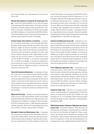 Perfil das Indústrias




par a sexta posição nas exportações do município de          ano de 2010 obteve um faturamento de R$ 156,6 milhões
Rio do Sul.                                                  e um volume de produção de 40 mil máquinas e 13,1 mil
                                                             toneladas. Algumas informações que destacam a empre-
Minusa S/A Indústria e Comércio de Peças para Tra-           sa: Menmaq (Construção Civil) – tradição no mercado
tor – Concentra suas atividades no município de Lages,       fornecendo produtos para construção civil há mais de
onde emprega 260 colaboradores. Principais produtos          70 anos. Marca reconhecida pelo mercado. Qualidade
que fabrica: esteiras, roletes, grupo de pino/bucha, roda-   do produto. Valor agregado. Mix de produtos. Força de
motriz e roda-guia. Contabilizou em 2010 uma produção        vendas. Menfund (ferrro fundido) – tecnologia de pon-
de 3.800 toneladas e um faturamento de R$ 30,9 milhões.      ta. Capacitação técnica da equipe. Sistema de gestão.
A empresa destaca-se por ocupar a primeira posição no        Capacitação para fabricação de peças técnicas de alta
ranking nacional dentro do setor de atuação.                 complexidade com requisitos de segurança.


Irmãos Fischer S/A Indústria e Comércio – Localiza-          Indústria de Máquinas Kreis Ltda – Instalada no muni-
se no município de Brusque, onde emprega 845 traba-          cípio de Jaraguá do Sul, onde conta com 131 colabora-
lhadores. Os principais produtos que fabrica são fornos      dores. Dentre seus principais produtos pode-se destacar
elétricos, fogões de embutir, bicicletas, churrasqueiras     empacotadoras e enfardadeiras automáticas. No ano de
elétricas e a gás, carrinho de mão para construção civil,    2010 obteve um faturamento de R$ 49,3 milhões e um
betoneiras, piso de borracha, secadora de roupa, casa        volume de produção de 566 unidades. A empresa se
de aço modular. Revende coifas, depuradores e micro-         destaca por ocupar a segunda posição em nível nacio-
ondas. No ano de 2010 obteve um faturamento bruto            nal e na América Latina dentro de seu setor de atuação.
com IPI de R$ 313 milhões, e um volume de produção           A partir de 2011 a empresa estará ingressando no rol de
de 1,8 milhão de unidades. A empresa se destaca em           fornecedores de soluções completas em automação para
nível nacional por ocupar a primeira posição nas linhas      linhas de empacotamento e enfardamento.
de fornos elétricos, fogões de embutir e carrinhos de
mão para construção civil.                                   Triton Máquinas Agrícolas Ltda. – Localizada no mu-
                                                             nicípio de Luzerna, onde conta com 130 trabalhadores.
Fezer S/A Indústrias Mecânicas – Localizada em Caça-         Seus principais produtos são carretas agrícolas metálicas
dor, conta com 151 funcionários. Faturou R$ 20,4 milhões     e de madeira, rodas agrícolas, batedeiras de cereais,
em 2010, com a produção de 552 toneladas. É fabri-           pulverizadores, plataformas traseiras, distribuidores de
cante de equipamentos para a produção de lâminas de          sementes/calcáreo. No ano de 2010 obteve um fatura-
madeira. Está entre as três maiores do mundo. Possui a       mento de R$ 18,8 milhões e produziu 39.612 unidades.
mais completa linha de equipamentos para a produção          A empresa se destaca por estar entre as maiores fabri-
de lâminas de madeira disponível no mercado, posição         cantes de carretas agrícolas do país.
de destaque no mercado mundial com clientes em mais
de 50 países.                                                Industrial Pagé Ltda. – Situa-se no município de Ara-
                                                             ranguá, onde emprega 575 colaboradores. Em 2010 re-
Máquinas Omil Ltda. – Situada no municipio de Ibirama,       gistrou um faturamento de R$ 153,5 milhões, com uma
onde conta com 238 colaboradores. Dentre os principais       produção de 15,7 mil toneladas. Dentre seus principais
produtos fabricados destacam-se máquinas para o be-          produtos destacam-se silos, secadores, transportadores,
neficiamento de madeira e fundidos de ferro em geral.        elevadores e MPL.
Em 2010 a empresa produziu 1.638 máquinas pequenas,
médias e grandes, além de 2,9 mil toneladas de peças e       CSM Componentes, Sistemas e Máquinas para Cons-
ferro fundido e nodular e faturou R$ 31,8 milhões.           trução Ltda. – Empresa fundada em 1979, atua hoje nos
                                                             mercados da construção e movimentação de materiais
Menegotti Indústrias Metalúrgicas Ltda. – Instaladas         por meio de três Divisões de Negócios. Possui, atual-
nos municípios de Jaraguá do Sul e Schroeder, onde con-      mente, três plantas fabris instaladas em Jaraguá do Sul
ta com 640 colaboradores. Dentre seus principais produ-      e Schroeder, cada uma delas responsável pela produção
tos fabricados pode-se destacar máquinas para constru-       de um mix específico. Conta com 430 trabalhadores. Em
ção civil e peças de ferro fundido nodular e cinzento. No    Jaraguá do Sul, suas unidades fabris produzem betonei-




                                                                                                                          45
 
