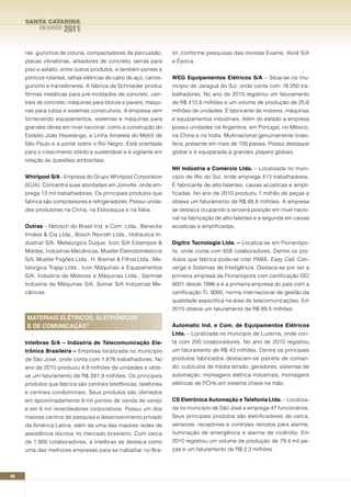 SANTA CATARINA
           EM DADOS   2011

     ras, guinchos de coluna, compactadores de percussão,          sil, conforme pesquisas das revistas Exame, Você S/A
     placas vibratórias, alisadores de concreto, serras para       e Época.
     piso e asfalto, entre outros produtos, e também pontes e
     pórticos rolantes, talhas elétricas de cabo de aço, carros-   WEG Equipamentos Elétricos S/A – Situa-se no mu-
     guincho e transtêineres. A fábrica de Schroeder produz        nicípio de Jaraguá do Sul, onde conta com 18.250 tra-
     fôrmas metálicas para pré-moldados de concreto, cen-          balhadores. No ano de 2010 registrou um faturamento
     trais de concreto, máquinas para blocos e pavers, máqui-      de R$ 412,6 milhões e um volume de produção de 25,6
     nas para tubos e sistemas construtivos. A empresa vem         milhões de unidades. É fabricante de motores, máquinas
     fornecendo equipamentos, sistemas e máquinas para             e equipamentos industriais. Além do estado a empresa
     grandes obras em nível nacional, como a construção do         possui unidades na Argentina, em Portugal, no México,
     Estádio João Havelange, a Linha Amarela do Metrô de           na China e na Índia. Multinacional genuinamente brasi-
     São Paulo e a ponte sobre o Rio Negro. Está orientada         leira, presente em mais de 100 países. Possui destaque
     para o crescimento sólido e sustentável e é vigilante em      global e é equiparada a grandes players globais.
     relação às questões ambientais.
                                                                   nH Indústria e Comércio Ltda. – Localizada no muni-
     Whirlpool S/A - Empresa do Grupo Whirlpool Corporation        cípio de Rio do Sul, onde emprega 413 trabalhadores.
     (EUA). Concentra suas atividades em Joinville, onde em-       É fabricante de alto-falantes, caixas acústicas e ampli-
     prega 13 mil trabalhadores. Os principais produtos que        ficadas. No ano de 2010 produziu 1 milhão de peças e
     fabrica são compressores e refrigeradores. Possui unida-      obteve um faturamento de R$ 68,8 milhões. A empresa
     des produtoras na China, na Eslováquia e na Itália.           se destaca ocupando a terceira posição em nível nacio-
                                                                   nal na fabricação de alto-falantes e a segunda em caixas
     Outras – Netzsch do Brasil Ind. e Com. Ltda., Benecke         acústicas e amplificadas.
     Irmãos & Cia Ltda., Bosch Rexroth Ltda., Hidráulica In-
     dustrial S/A, Metalúrgica Duque, Icon S/A Estampos &          Dígitro Tecnologia Ltda. – Localiza-se em Florianópo-
     Moldes, Indústrias Mecânicas, Mueller Eletrodomésticos        lis, onde conta com 658 colaboradores. Dentre os pro-
     S/A, Mueller Fogões Ltda., H. Bremer & Filhos Ltda., Me-      dutos que fabrica pode-se citar PABX, Easy Call, Con-
     talúrgica Trapp Ltda., Icon Máquinas e Equipamentos           verge e Sistemas de Inteligência. Destaca-se por ser a
     S/A, Indústria de Motores e Máquinas Ltda., Sanmak            primeira empresa de Florianópolis com certificação ISO
     Indústria de Máquinas S/A, Somar S/A Indústrias Me-           9001 desde 1996 e é a primeira empresa do país com a
     cânicas.                                                      certificação TL 9000, norma internacional de gestão da
                                                                   qualidade específica na área de telecomunicações. Em
                                                                   2010 obteve um faturamento de R$ 89,5 milhões.
      MATERIAIS ELéTRICOS, ELETRônICOS
      E DE COMUnICAçãO¹                                            Automatic Ind. e Com. de Equipamentos Elétricos
                                                                   Ltda. – Localizada no município de Luzerna, onde con-
     Intelbras S/A – Indústria de Telecomunicação Ele-             ta com 200 colaboradores. No ano de 2010 registrou
     trônica Brasileira – Empresa localizada no município          um faturamento de R$ 43 milhões. Dentre os principais
     de São José, onde conta com 1.878 trabalhadores. No           produtos fabricados destacam-se painéis de coman-
     ano de 2010 produziu 4,9 milhões de unidades e obte-          do, cubículos de média tensão, geradores, sistemas de
     ve um faturamento de R$ 391,9 milhões. Os principais          automação, montagens elétrica industriais, montagens
     produtos que fabrica são centrais telefônicas, telefones      elétricas de PCHs em sistema chave na mão.
     e centrais condominiais. Seus produtos são ofertados
     em aproximadamente 9 mil pontos de venda de varejo            CS Eletrônica Automação e Telefonia Ltda. – Localiza-
     e em 6 mil revendedores corporativos. Possui um dos           da no município de São José e emprega 47 funcionários.
     maiores centros de pesquisa e desenvolvimento privado         Seus principais produtos são eletrificadores de cerca,
     da América Latina, além de uma das maiores redes de           sensores, receptores e controles remotos para alarme,
     assistência técnica no mercado brasileiro. Com cerca          iluminação de emergência e alarme de incêndio. Em
     de 1.900 colaboradores, a Intelbras se destaca como           2010 registrou um volume de produção de 79,4 mil pe-
     uma das melhores empresas para se trabalhar no Bra-           ças e um faturamento de R$ 2,3 milhões.




46
 