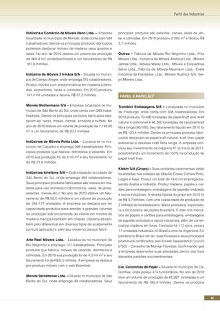 Perfil das Indústrias




Indústria e Comércio de Móveis Henn Ltda. – Empresa       principais produtos são estantes, camas, salas de jan-
localizada no município de Mondaí, onde conta com 594     tar e cômodas. Em 2010 produziu 2.205 m3 e faturou R$
trabalhadores. Dentre os principais produtos fabricados   5,7 milhões.
podemos destacar móveis de madeira para quartos e
salas. No ano de 2010 obteve um volume de produção        Outras – Fábrica de Móveis Rio Negrinho Ltda., Fritz
de 864,9 mil unidades/móveis e um faturamento de R$       Móveis Ltda., Indústria de Móveis América Ltda., Móveis
181,9 milhões.                                            James Ltda., Móveis Waely Ltda., Móveis e Esquadrias
                                                          Seiva Ltda., Fábrica de Móveis Neumann Ltda., Enele
Indústria de Móveis 3 Irmãos S/A – Situada no municí-     Indústria de Estofados Ltda., Móveis Rudnick S/A, Ser-
pio de Campo Alegre, onde emprega 315 colaboradores.      pil Móveis Ltda.
Produz móveis com predominância em maderia (cômo-
das, expositores, racks e consoles). Em 2010 produziu
141,4 mil unidades e faturou R$ 27,2 milhões.              PAPEL E PAPELãO¹

Móveis Weihermann S/A – Empresa localizada no mu-         Trombini Embalagens S/A – Localizada no município
nicípio de São Bento do Sul, onde conta com 283 traba-    de Fraiburgo, onde conta com 508 colaboradores. Em
lhadores. Dentre os principais produtos fabricados des-   2010 produziu 73.400 toneladas de papel kraft liner, kraft
tacam-se: racks, mesas, camas, armários e buffets. No     natural e extensível e 46.200 toneladas de celulose kraft
ano de 2010 obteve um volume de produção de 7.140,65      fibra longa (90/100). Seu faturamento líquido em 2010 foi
m3 e um faturamento de R$ 20,7 milhões.                   de R$ 123,4 milhões. Dentre os principais produtos fabri-
                                                          cados destacam-se papel kraft natural, kraft liner, papel
Indústrias de Móveis Rotta Ltda. – Localiza-se no mu-     extensível e celulose kraft fibra longa. A empresa con-
nicípio de Caçador e emprega 396 trabalhadores. Prin-     cluiu seu investimento na máquina IV no início de 2011,
cipais produtos que fabrica: domitórios e estantes. Em    possibilitando um incremento de 150% na produção de
2010 sua produção foi de 6 mil m3 e seu faturamento foi   papel kraft liner.
de R$ 21,6 milhões.
                                                          Klabin S/A (Grupo) – Suas unidades catarinenses estão
Indústrias Artefama S/A – Está instalada na cidade de     localizadas nas cidades de Otacílio Costa, Correia Pinto,
São Bento do Sul, onde emprega 484 colaboradores.         Lages e Itajaí. Possui um total de 14,6 mil empregados,
Seus principais produtos fabricados são móveis em ma-     sendo diretos e indiretos. Produz madeira, papéis e car-
deira para uso doméstico (dormitórios, salas de jantar,   tões para embalagem, embalagens de papelão ondulado
estantes, mesas etc.). No ano de 2010 obteve um fatu-     e sacos industriais. A receita líquida do grupo em 2010 foi
ramento de R$ 55,5 milhões e um volume de produção        de R$ 3,7 bilhões, com uma capacidade de produção de
de 284.177 unidades. A empresa se destaca por ter         2 milhões de toneladas/ano. Maior produtora, exportado-
capacidade produtiva para atender a grandes volumes       ra e recicladora de papéis brasileira. É líder nos merca-
de produção sob encomenda do cliente em móveis de         dos de papéis e cartões para embalagens, embalagens
madeira maciça e também em chapas. Destaca-se tam-        de papelão ondulado e sacos industriais, além de comer-
bém pelo diferencial em diversos tipos de acabamento      cializar madeira em toras. Fundada há 112 anos, possui
(pintura aplicada) e pelo seu moderno parque fabril.      17 unidades industriais no Brasil e uma na Argentina. Foi
                                                          pioneira no Brasil em ter suas florestas e seus processos
Arte Real Móveis Ltda. – Localiza-se no município de      produtivos certificados pelo Forest Stewardship Council
Rio Negrinho e emprega 127 trabalhadores. Principais      (FSC) – Conselho de Manejo Florestal, confirmando que
produtos que fabrica: móveis de varanda, domitórios e     a empresa desenvolve suas atividades dentro dos mais
cômodas. Em 2010 sua produção foi de 4,2 mil m3 e seu     elevados padrões socioambientais.
faturamento foi de R$ 6,5 milhões. A empresa se destaca
por produzir móveis com o selo Biomóvel.                  Cia. Canoinhas de Papel – Situada no município de Ca-
                                                          noinhas, onde possui 474 funcionários. No ano de 2010
Móveis Serraltense Ltda. – Situada no município de São    teve um volume de produção de 42.287 toneladas e um
Bento do Sul, onde emprega 99 colaboradores. Seus         faturamento de R$ 185,4 milhões. Dentre os produtos



                                                                                                                        49
 