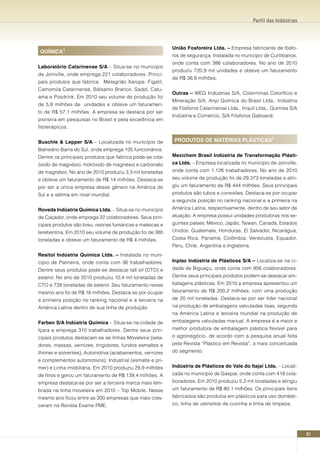 Perfil das Indústrias




                                                           União Fosforeira Ltda. – Empresa fabricante de fósfo-
 qUíMICA¹
                                                           ros de segurança. Instalada no município de Curitibanos,
                                                           onde conta com 386 colaboradores. No ano de 2010
Laboratório Catarinense S/A – Situa-se no município
                                                           produziu 720,9 mil unidades e obteve um faturamento
de Joinville, onde emprega 221 colaboradores. Princi-
                                                           de R$ 38,8 milhões.
pais produtos que fabrica: Melagrião Xarope, Figatil,
Camomila Catarinense, Bálsamo Branco, Sadol, Catu-
                                                           Outras – WEG Indústrias S/A, Colorminas Colorifício e
ama e Posdrink. Em 2010 seu volume de produção foi
                                                           Mineração S/A, Anjo Química do Brasil Ltda., Indústria
de 5,8 milhões de unidades e obteve um faturamen-
                                                           de Fósforos Catarinense Ltda., Inquil Ltda., Quimisa S/A
to de R$ 57,1 milhões. A empresa se destaca por ser
                                                           Indústria e Comércio, S/A Fósforos Gaboardi.
pioneira em pesquisas no Brasil e pela excelência em
fitoterápicos.


Buschle & Lepper S/A – Localizada no município de          PRODUTOS DE MATéRIAS PLáSTICAS¹
Balneário Barra do Sul, onde emprega 105 funcionários.
Dentre os principais produtos que fabrica pode-se citar    Mexichem Brasil Indústria de Transformação Plásti-
óxido de magnésio, hidróxido de magnésio e carbonato       ca Ltda. – Empresa localizada no município de Joinville,
de magnésio. No ano de 2010 produziu 3,3 mil toneladas     onde conta com 1.126 trabalhadores. No ano de 2010
e obteve um faturamento de R$ 14 milhões. Destaca-se       seu volume de produção foi de 29.373 toneladas e atin-
por ser a única empresa desse gênero na América do         giu um faturamento de R$ 444 milhões. Seus principais
Sul e a sétima em nível mundial.                           produtos são tubos e conexões. Destaca-se por ocupar
                                                           a segunda posição no ranking nacional e a primeira na
Roveda Indústria química Ltda. – Situa-se no município     América Latina, respectivamente, dentro de seu setor de
de Caçador, onde emprega 22 colaboradores. Seus prin-      atuação. A empresa possui unidades produtoras nos se-
cipais produtos são breu, resinas fumáricas e maleicas e   guintes países: México, Japão, Taiwan, Canadá, Estados
terebentina. Em 2010 seu volume de produção foi de 380     Unidos, Guatemala, Honduras, El Salvador, Nicarágua,
toneladas e obteve um faturamento de R$ 4 milhões.         Costa Rica, Panamá, Colômbia, Venezuela, Equador,
                                                           Peru, Chile, Argentina e Inglaterra.
Resitol Indústria química Ltda. – Instalada no muni-
cípio de Palmeira, onde conta com 36 trabalhadores.        Inplac Indústria de Plásticos S/A – Localiza-se na ci-
Dentre seus produtos pode-se destacar tall oil (CTO) e     dade de Biguaçu, onde conta com 956 colaboradores.
esterol. No ano de 2010 produziu 10,4 mil toneladas de     Dentre seus principais produtos podem-se destacar em-
CTO e 728 toneladas de esterol. Seu faturamento nesse      balagens plásticas. Em 2010 a empresa apresentou um
mesmo ano foi de R$ 16 milhões. Destaca-se por ocupar      faturamento de R$ 200,2 milhões, com uma produção
a primeira posição no ranking nacional e a terceira na     de 20 mil toneladas. Destaca-se por ser líder nacional
América Latina dentro de sua linha de produção.            na produção de embalagens valvuladas lisas, segunda
                                                           na América Latina e terceira mundial na produção de
Farben S/A Indústria química – Situa-se na cidade de       embalagens valvuladas manual. A empresa é a maior e
Içara e emprega 310 trabalhadores. Dentre seus prin-       melhor produtora de embalagem plástica flexível para
cipais produtos destacam-se as linhas Moveleira (sela-     o agronegócio, de acordo com a pesquisa anual feita
dores, massas, vernizes, tingidores, fundos esmaltes e     pela Revista “Plástico em Revista”, a mais conceituada
thinner e solventes), Automotiva (acabamentos, vernizes    do segmento.
e complementos automotivos), Industrial (esmalte e pri-
mer) e Linha imobiliária. Em 2010 produziu 29,9 milhões    Indústria de Plásticos do Vale do Itajaí Ltda. – Locali-
de litros e gerou um faturamento de R$ 139,4 milhões. A    zada no município de Gaspar, onde conta com 418 cola-
empresa destaca-se por ser a terceira marca mais lem-      boradores. Em 2010 produziu 5,2 mil toneladas e atingiu
brada na linha moveleira em 2010 – Top Mobile. Nesse       um faturamento de R$ 80,1 milhões. Os principais itens
mesmo ano ficou entre as 200 empresas que mais cres-       fabricados são produtos em plásticos para uso domésti-
ceram na Revista Exame PME.                                co, linha de utensílios de cozinha e linha de limpeza.




                                                                                                                          51
 