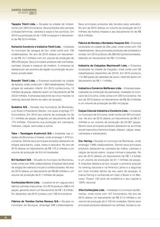 SANTA CATARINA
          EM DADOS   2011

     Tapajós Têxtil Ltda. – Situada na cidade de Indaial,        Seus principais produtos são tecidos para vestuário.
     conta com 283 funcionários. Seus produtos são camisas       No ano de 2010 obteve um volume de produção de 6,2
     e blusas femininas, vestidos e saias e fios acrílicos. Em   milhões de metros lineares e seu faturamento foi de R$
     2010 sua produção foi de 1.528 mil peças e o faturamen-     63,8 milhões.
     to de R$ 23,4 milhões.
                                                                 Fábrica de Rendas e Bordados Hoepcke S/A – Empresa
     Karlache Comércio e Indústria Têxtil Ltda. – Instalada      localizada na cidade de São José, onde conta com 103
     no município de Jaraguá do Sul, onde conta com 130          trabalhadores. Seus principais produtos são bordados e
     colaboradores. No ano de 2010 obteve um faturamen-          rendas. Em 2010 produziu 46.298.552 pontos bordados,
     to de R$ 10,1 milhões com um volume de produção de          obtendo um faturamento de R$ 1,5 milhão.
     390.529 peças. Seus principais produtos são camisetas,
     camisas, blusas e casacos de moleton. A empresa se          Indústria de Calçados Machiavelli Ltda. – Empresa
     destaca por ser pioneira da região na produção de pro-      localizada na cidade de Caçador, onde conta com 56
     dutos private label.                                        trabalhadores (dezembro de 2010). Em 2010 produziu
                                                                 112.465 pares de cabedais de couro, obtendo assim um
     Brandili Têxtil Ltda. – Empresa localizada na cidade        faturamento de R$ 1,1 milhão.
     de Apiúna, onde conta com 1.563 trabalhadores. Produz
     artigos do vestuário infantil. Em 2010 confeccionou 13      Indústria e Comércio Mafferson Ltda. – Empresa espe-
     milhões de peças, obtendo assim um faturamento de R$        cializada na confecção de jeanswear, instalada no muni-
     233,8 milhões. A empresa está entre as cinco maiores no     cípio de Criciúma, onde conta com 220 funcionários. No
     ranking nacional dentro do setor de atuação.                ano de 2010 obteve um faturamento de R$ 38,4 milhões
                                                                 e um volume de produção de 850 mil peças.
     Dudalina S/A – Situada nos municípios de Blumenau,
     Luíz Alves e Presidente Getúlio, nos quais emprega 771      Calças Calcutá Indústria e Comércio Ltda. – Instalada
     funcionários. Em 2010 seu volume de produção foi de         no município de Criciúma, onde conta com 94 funcioná-
     2,1 milhões de peças, atingindo um faturamento de R$        rios. No ano de 2010 obteve um faturamento de R$ 3,7
     174 milhões. Concentra sua produção em camisaria,           milhões e um volume de produção de 54.067 peças.
     malharia, calças, bermudas e outros.                        Dentre seus principais produtos destacam-se as linhas
                                                                 social masculina e feminina (trajes, blazers, calças, saias,
     Teka – Tecelagem Kuehnrich S/A – Instalada nas ci-          camisetas e sobretudos).
     dades de Blumenau e Indaial, onde emprega 1.474 fun-
     cionários. Dentre seus principais produtos destacam-se      Cia. Hering – Situada no município de Blumenau, onde
     artigos para banho, copa, mesa e vestuário. No ano de       emprega 7.689 colaboradores. Dentre seus principais
     2010 obteve um faturamento de R$ 175,3 milhões e um         produtos destacam-se camiseta de malha, camisas e
     volume de produção de 8,8 mil toneladas.                    calças de tecido plano, roupas íntimas e jaquetas. No
                                                                 ano de 2010 obteve um faturamento de R$ 1,2 bilhão
     M.F.Sulfabril S/A – Situada no município de Blumenau,       e um volume de produção de 61,1 milhões de peças.
     onde conta com 946 colaboradores. Empresa fabricante        A empresa destaca-se por ocupar a primeira posição
     de artigos de malharia circular e confeccionados. No ano    no ranking nacional e na Ámerica Latina e a segunda
     de 2010 obteve um faturamento de R$ 88 milhões e um         em nível mundial dentro de seu setor de atuação. A
     volume de produção de 6,1 milhões de peças.                 marca Hering é conhecida em todo o Brasil e no Mer-
                                                                 cosul. Possui 132 anos de existência e seu capital é
     Confecções Bonin Ltda. – Localiza-se em Jaguaruna e         100% nacional.
     fabrica camisas masculinas. Em 2010 produziu 296,6 mil
     peças, gerando assim um faturamento de R$ 1,9 milhão.       Villa Confecções Ltda. – Instalada no município de Blu-
     Em dezembro de 2010 contava com 108 funcionários.           menau, onde conta com 127 funcionários. No ano de
                                                                 2010 obteve um faturamento de R$ 21,3 milhões e um
     Fábrica de Tecidos Carlos Renaux S/A – Situada no           volume de produção de 2.102 mil unidades. Dentre seus
     município de Brusque, emprega 598 colaboradores.            principais produtos destacam-se camisas, blusas ou se-




54
 