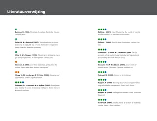Literatuurverwijzing
73
Burston, D. (1996). The wings of madness. Cambridge: Harvard
University Press.
67
Calás, M.  L. Smircich (1997). 'Voicing seduction to silence
leadership'. In: Calás, M.  L. Smicich, Postmodern management
theory. Aldershot: Aldershot publishers.
71
Chia, R.  S. Morgan (1996). 'Educating the philosopher-mana-
ger: designing the times'. In: Management Learning 27(1).
42
Clawson, J. (2006). Level three leadership: getting below the
surface. Upper Saddle River: Pearson Prentice Hall.
11 55
Clegg, S., M. Kornberger  T. Pitsis. (2008). Managing and
organizations. London: Sage Publications.
57 59 63 79
Coleman, D., R. Boyatzis  A. McKee. (2002). Primal leader-
ship: realizing the power of emotional intelligence. Boston: Harvard
Business School Press.
57 59 63 79
Collins, J. (2001). 'Level 5 leadership: the triumph of humility
and fierce resolve'. In; Harvard Business Review.
57 59 63 79
Collins, J. (2004). Good to great. Amsterdam: Business Con-
tact.
57 59 63 79
Connors, R., T. Smith  C. Hickman. (2004). The Oz-
principle: getting results through individual and organizational
accountability. New York: Penguin Group.
57 59 63 79
Dourado, P.  P. Blackburn. (2005). Seven secrets of
inspired leaders. Chichester: Capstone Publishers Ltd.
57 59 63 79
Februari, M. (2008). Column in: de Volkskrant.
57 59 63 79
Foppen, W. (1998). Knowing about value; management lear-
ning as knowledge management. Oratie. Delft: Eburon.
57 59 63 79
Foppen, W. (2004). Verlangen en verleiden. Oratie. Universiteit
Maastricht.
57 59 63 79
Gardner, H. (1996). Leading minds: an anatomy of leadership.
London: Harper Collins Publishers.
 