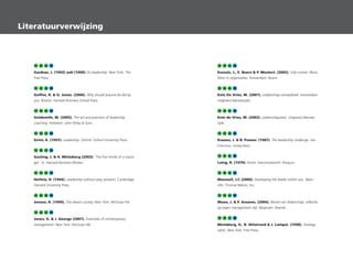 57 59 63 79
Gardner, J. (1993) ook (1990) On leadership. New York: The
Free Press.
57 59 63 79
Goffee, R.  G. Jones. (2006). Why should anyone be led by
you. Boston: Harvard Business School Press.
57 59 63 79
Goldsmith, M. (2005). The art and practices of leadership
coaching. Hoboken: John Wiley  Sons.
57 59 63 79
Grint, K. (1997). Leadership. Oxford: Oxford University Press.
57 59 63 79
Gosling, J.  H. Mintzberg (2003). 'The five minds of a mana-
ger'. In: Harvard Business Review.
57 59 63 79
Heifetz, R. (1994). Leadership without easy answers. Cambridge:
Harvard University Press.
57 59 63 79
Jensen, R. (1999). The dream society. New York: McGraw Hill.
57 59 63 79
Jones, G.  J. George (2007). Essentials of contemporary
management. New York: McGraw Hill.
57 59 63 79
Kessels, J., E. Boers  P. Mostert. (2002). Vrije ruimte: filoso-
feren in organisaties. Amsterdam: Boom.
57 59 63 79
Kets De Vries, M. (2001). Leiderschap ontraadseld. Amsterdam:
Uitgeverij Nieuwezijds.
57 59 63 79
Kets de Vries, M. (2002). Leiderschapstest. Uitgeverij Nieuwe-
zijds.
57 59 63 79
Kouzes, J.  B. Posner. (1987). The leadership challenge. San
Francisco: Jossey-Bass.
57 59 63 79
Laing, R. (1970). Knots. Harmondworth: Penguin.
57 59 63 79
Maxwell, J.C (2000). Developing the leader within you. Nash-
ville: Thomas Nelson, Inc.
57 59 63 79
Moen, J.  P. Ansems. (2004). Brevet van leiderschap: reflectie
op eigen management stijl. Maarssen: Elsevier.
57 59 63 79
Mintzberg, H., B. Ahlstrand  J. Lampel. (1998). Strategy
safari. New York: Free Press.
Literatuurverwijzing
 