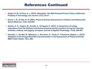 2525
References Continued
• Singer, R. W., & Perry, A. J. (2015). Wearables: The Well-Dressed Privacy Policy. Intellectual
Property & Technology Law Journal, 27(7), 24-27.
• Sirard, J. R., & Pate, R. R. (2001). Physical Activity Assessment in Children and Adolescents.
Sports Medicine, 31(6), 439-454.
• Spierer, D. K., Hagins, M., Rundle, A., & Pappas, E. (2011). A comparison of energy
expenditure from the Actiheart and Actical physical activity monitors during low intensity
activities, walking, and jogging. European Journal of Applied Physiology, 111(4), 659-667.
• Vanhelst, J., Hurdiel, R., Mikulovic, J., Bui-Xuan, G., Fardy, P., Theunynck, Beghin, L. (2012).
Validation of the Vivago Wrist-Worn Accelerometer in the Assessment of Physical Activity.
BMC Public Health, 12(1), 690.
 