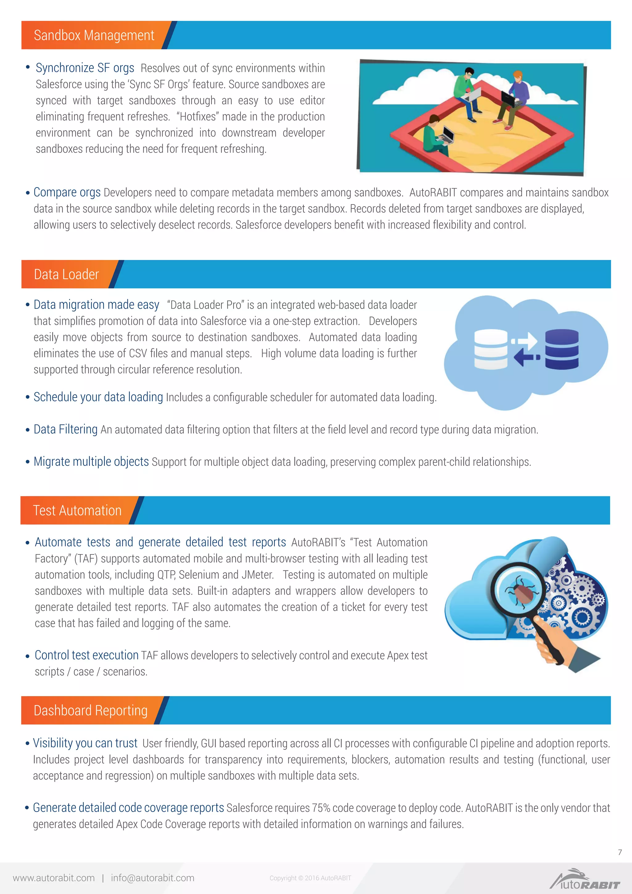 Copyright © 2016 AutoRABITwww.autorabit.com | info@autorabit.com
7
Data migration made easy “Data Loader Pro” is an integrated web-based data loader
that simpliﬁes promotion of data into Salesforce via a one-step extraction. Developers
easily move objects from source to destination sandboxes. Automated data loading
eliminates the use of CSV ﬁles and manual steps. High volume data loading is further
supported through circular reference resolution.
Schedule your data loading Includes a conﬁgurable scheduler for automated data loading.
Data Filtering An automated data ﬁltering option that ﬁlters at the ﬁeld level and record type during data migration.
Migrate multiple objects Support for multiple object data loading, preserving complex parent-child relationships.
Synchronize SF orgs Resolves out of sync environments within
Salesforce using the ‘Sync SF Orgs’ feature. Source sandboxes are
synced with target sandboxes through an easy to use editor
eliminating frequent refreshes. “Hotﬁxes” made in the production
environment can be synchronized into downstream developer
sandboxes reducing the need for frequent refreshing.
Compare orgs Developers need to compare metadata members among sandboxes. AutoRABIT compares and maintains sandbox
data in the source sandbox while deleting records in the target sandbox. Records deleted from target sandboxes are displayed,
allowing users to selectively deselect records. Salesforce developers beneﬁt with increased flexibility and control.
Data Loader
Sandbox Management
Automate tests and generate detailed test reports AutoRABIT’s “Test Automation
Factory” (TAF) supports automated mobile and multi-browser testing with all leading test
automation tools, including QTP, Selenium and JMeter. Testing is automated on multiple
sandboxes with multiple data sets. Built-in adapters and wrappers allow developers to
generate detailed test reports. TAF also automates the creation of a ticket for every test
case that has failed and logging of the same.
Control test execution TAF allows developers to selectively control and execute Apex test
scripts / case / scenarios.
Visibility you can trust User friendly, GUI based reporting across all CI processes with conﬁgurable CI pipeline and adoption reports.
Includes project level dashboards for transparency into requirements, blockers, automation results and testing (functional, user
acceptance and regression) on multiple sandboxes with multiple data sets.
Generate detailed code coverage reports Salesforce requires 75% code coverage to deploy code. AutoRABIT is the only vendor that
generates detailed Apex Code Coverage reports with detailed information on warnings and failures.
Test Automation
Dashboard Reporting
 