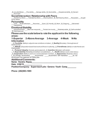 _X_Usuallyfollows ___Poor ability___Average ability _X_Good ability ___Exceptional ability _X_Servant
___Dominant
SocialInteraction / Relationship with Peers
___Avoided by others ___Tolerated by others ___Liked byothers _X_Well-liked by others ___Respected ___Sought
out by others
Personality
___Cold ___Shy& withdrawn ___Reserved ___Quiet_X_Friendly_X_Warm _X_Outgoing ___Extroverted
___Overbearing
EmotionalStability
___EasilyDisturbed ___Often over-responds ___Tends to be moody___Relativelystable _X_Self-controlled
_X_Well-balanced
Please use the scale below to rate the applicantin the following
areas:
1-Superior 2-Above Average 3-Average 4-Weak N-No
Information
__2_Flexibility (Ability to adjust to new conditions or duties) _3_Quality (Accuracy / thoroughness of
workmanship)
__1_Attitude (Disposition toward hard work and those in authority) _2_Friendliness (Ability to make friends and
meetpeople)
_3__Personal Integrity (Honesty, good judgment) _2_Incentive (Motivated, self-starter)
__1_Dependability (Reliabilityand ability to complete task) __1__Health (Ability to work under stress)
_2_Cooperation (Ability to work as a constructive team member) _3_Appearance (Neatness,dress)
I__X_strongly recommend, _____recommend, _____recommend with hesitation, _____do not
recommend this applicant for these jobs.
AdditionalComments:
Name: Kendra Repay____________________________________________
Date: 2/26/15________________
Position/Company: Supervisor/Lake Geneva Youth Camp________
Phone (262)903-1989
 