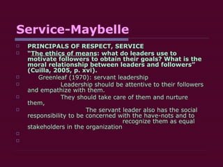Service-Maybelle PRINCIPALS OF RESPECT, SERVICE “ The ethics of means : what do leaders use to motivate followers to obtain their goals? What is the moral relationship between leaders and followers”  (Cuilla, 2005, p. xvi). Greenleaf (1970): servant leadership Leadership should be attentive to their followers and empathize with them. They should take care of them and nurture them, The servant leader also has the social responsibility to be concerned with the have-nots and to    recognize them as equal stakeholders in the organization 