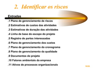 2.  Identificar os riscos Entradas .1 Plano de gerenciamento de riscos .2 Estimativas de custos das atividades .3 Estimativas de duração das atividades .4 Linha de base do escopo do projeto .5 Registro de partes interessadas .6 Plano de gerenciamento dos custos .7 Plano de gerenciamento do cronograma .8 Plano de gerenciamento da qualidade .9 Documentos do projeto .10 Fatores ambientais da empresa .11 Ativos de processos organizacionais 