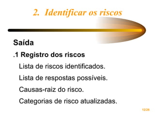 2.  Identificar os riscos Saída . 1 Registro dos riscos Lista de riscos identificados.  Lista de respostas possíveis. Causas-raiz do risco.  Categorias de risco atualizadas. 