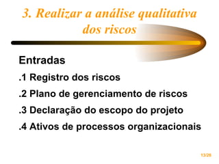 3. Realizar a análise qualitativa dos riscos Entradas .1 Registro dos riscos .2 Plano de gerenciamento de riscos .3 Declaração do escopo do projeto .4 Ativos de processos organizacionais 