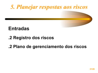 5. Planejar respostas aos riscos Entradas .2 Registro dos riscos .2 Plano de gerenciamento dos riscos 