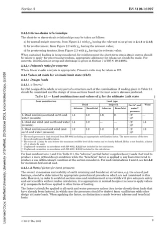BS 8110-1:1997
© BSI 27 May 2002 9
Section 2
2.4.2.3 Stress-strain relationships
The short-term stress-strain relationships may be taken as follows:
a) for normal-weight concrete, from Figure 2.1 with ¾m having the relevant value given in 2.4.4 or 2.4.6;
b) for reinforcement, from Figure 2.2 with ¾m having the relevant value;
c) for prestressing tendons, from Figure 2.3 with ¾m having the relevant value.
When sustained loading is being considered, for reinforcement the short-term stress-strain curves should
be taken to apply; for prestressing tendons, appropriate allowance for relaxation should be made. For
concrete, information on creep and shrinkage is given in Section 7 of BS 8110-2:1985.
2.4.2.4 Poisson’s ratio for concrete
Where linear elastic analysis is appropriate, Poisson’s ratio may be taken as 0.2.
2.4.3 Values of loads for ultimate limit state (ULS)
2.4.3.1 Design loads
2.4.3.1.1 General
In ULS design of the whole or any part of a structure each of the combinations of loading given in Table 2.1
should be considered and the design of cross-sections based on the most severe stresses produced.
Table 2.1 — Load combinations and values of ¾f for the ultimate limit state
For load combinations 1 and 2 in Table 2.1, the “adverse” partial factor is applied to any loads that tend to
produce a more critical design condition while the “beneficial” factor is applied to any loads that tend to
produce a less critical design condition at the section considered. For load combinations 2 and 3, see 3.1.4.2
for minimum horizontal load.
2.4.3.1.2 Partial factors for earth pressures
The overall dimensions and stability of earth retaining and foundation structures, e.g. the area of pad
footings, should be determined by appropriate geotechnical procedures which are not considered in this
code. However, in order to establish section sizes and reinforcement areas which will give adequate safety
and serviceability without undue calculation, it is appropriate in normal design situations to apply values
of ¾f comparable to those applied to other forms of loading.
The factor ¾f should be applied to all earth and water pressures unless they derive directly from loads that
have already been factored, in which case the pressures should be derived from equilibrium with other
design ultimate loads. When applying the factor, no distinction is made between adverse and beneficial
loads.
Load combination Load type
Dead Imposed Eartha and
waterb
pressure
Wind
Adverse Beneficial Adverse Beneficial
1. Dead and imposed (and earth and
water pressure)
1.4 1.0 1.6 0 1.2c
1.0d
—
2. Dead and wind (and earth and water
pressure)
1.4 1.0 — — 1.2c
1.0d
1.4
3. Dead and imposed and wind (and
earth and water pressure)
1.2 1.2 1.2 1.2 1.2c
1.0d
1.2
a The earth pressure is that obtained from BS 8002 including an appropriate mobilisation factor. The more onerous of the two
factored conditions should be taken.
b The value of 1.2 may be used where the maximum credible level of the water can be clearly defined. If this is not feasible, a factor
of 1.4 should be used.
c Unplanned excavation in accordance with BS 8002, 3.2.2.2 not included in the calculation.
d Unplanned excavation in accordance with BS 8002, 3.2.2.2 included in the calculation.
Licensed
Copy:
Sheffield
University,
University
of
Sheffield,
23
October
2002,
Uncontrolled
Copy,
(c)
BSI
 