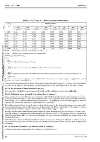 BS 8110-1:1997
32 © BSI 27 May 2002
Section 3
Table 3.8 — Values of vc design concrete shear stress
The truss should be arranged so that ! and ¶ are both greater than or equal to 45° giving a maximum value
of st of 1.5d. At least 50 % of the shear resistance provided by the steel should be in the form of links.
3.4.5.7 Anchorage and bearing of bent-up bars
Bars should be checked for anchorage (see 3.12.8.2 and 3.12.8.3) and bearing (see 3.12.8.25).
3.4.5.8 Enhanced shear strength of sections close to supports
Shear failure at sections of beams and cantilevers without shear reinforcement will normally occur on a
plane inclined at an angle of about 30° to the horizontal. If the angle of failure plane is forced to be inclined
more steeply than this (because the section considered (X – X) in Figure 3.5 is close to a support or for other
reasons) the shear force required to produce failure is increased.
The enhancement of shear strength may be taken into account in the design of sections near a support by
increasing the design concrete shear stress vc to 2dvc/av provided that v at the face of the support remains
less than the lesser of 0.8Æfcu or 5 N/mm2 (this limit includes a ¾m of 1.25).
Account may be taken of the enhancement in any situation where the section considered is closer to the
face of a support or concentrated load than twice the effective depth, d. This enhancement is particularly
useful for corbels (see 5.2.7) or pile-caps (see 3.11.4.4) or where concentrated loads are applied close to the
support of a beam.
To be effective, tension reinforcement should extend on each side of the point where it is intersected by a
possible failure plane for a distance at least equal to the effective depth, or be provided with an equivalent
anchorage.
3.4.5.9 Shear reinforcement for sections close to supports
If shear reinforcement is required, the total area of this is given by:
Effective depth
mm
125 150 175 200 225 250 300 400
N/mm2 N/mm2 N/mm2 N/mm2 N/mm2 N/mm2 N/mm2 N/mm2
k0.15 0.45 0.43 0.41 0.40 0.39 0.38 0.36 0.34
0.25 0.53 0.51 0.49 0.47 0.46 0.45 0.43 0.40
0.50 0.67 0.64 0.62 0.60 0.58 0.56 0.54 0.50
0.75 0.77 0.73 0.71 0.68 0.66 0.65 0.62 0.57
1.00 0.84 0.81 0.78 0.75 0.73 0.71 0.68 0.63
1.50 0.97 0.92 0.89 0.86 0.83 0.81 0.78 0.72
2.00 1.06 1.02 0.98 0.95 0.92 0.89 0.86 0.80
U 3.00 1.22 1.16 1.12 1.08 1.05 1.02 0.98 0.91
NOTE 1 Allowance has been made in these figures for a ¾m of 1.25.
NOTE 2 The values in the table are derived from the expression:
0.79{100As/(bvd)}% (400/d)!/¾m
where
should not be taken as greater than 3;
should not be taken as less than 0.67 for members without shear reinforcement;
should not be taken as less than 1 for members with shear reinforcement providing a design shear resistance of
U0.4 N/mm2.
For characteristic concrete strengths greater than 25 N/mm2, the values in this table may be multiplied by (fcu/25)%. The value of
fcu should not be taken as greater than 40.
100As
bvd
------------
-
100As
bvd
------------
-
400
d
-------
-
è ø
æ ö
1
4
--
-
400
d
-------
-
è ø
æ ö
1
4
--
-
Licensed
Copy:
Sheffield
University,
University
of
Sheffield,
23
October
2002,
Uncontrolled
Copy,
(c)
BSI
 