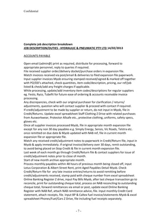 Confidential
Complete job description breakdown
JOB DESCRIPTION/DUTIES - HYDRAULIC & PNEUMATIC PTY LTD 14/02/2013
ACCOUNTS PAYABLE
Open email (admin@) print as required, distribute for processing, forward to
appropriate personnel, reply to queries if required.
File received supplier order/delivery docket/purchase orders in expansion file.
Match invoices received via post/email & deliveries to filed expansion file paperwork.
Input supplier invoices Myob ensuring stamped received/signed & marked off together
with PO/DD’s attached, check quantities, item code/description, pricing, our ref/job
listed & check/add any freight charges if applicable.
While processing, update/add inventory item codes/descriptions for regular suppliers
eg. Festo, Ryco, Tubefit for future ease of ordering & accounts receivable invoice
processing.
Any discrepancies, check with our original purchaser for clarification / returns/
adjustments, question who will contact supplier & proceed with contact if required.
If credit/adjustment to be made by supplier or return, do not input in Myob, file in
Credit/Returns. Update excel spreadsheet Staff Clothing Z Drive with related purchases
from Ausworkwear, Protector Allsafe etc., protective clothing, uniforms, safety specs,
gloves etc.
Once all supplier invoices processed Myob, file in appropriate month expansion file
except for any non 30 day payables e.g. Simply Energy, Sensis, Vic Roads, Telstra etc.
once remitted on due date & Myob updated with NAB ref, file in current month
expansion file or appropriate file.
Match any received credit/adjustment notes to paperwork in Credit/Return file, input in
Myob & apply immediately. If original invoice/delivery over 30 days, remit outstanding,
to avoid being placed on Stop Credit & file in current month expansion file.
Last week of each month go through Credit/Return file & contact suppliers for issue of
credit/adjustment notes prior to close of month.
Start of new month archive appropriate month.
Process monthly payables within 48 hours of previous month being closed off, input
Lotus Corporation & Albert Street Rent, print Aged Payables Detail Myob. Check
Credit/Return file for any late invoice entries/returns to avoid remitting before
credit/adjustments received, stamp paid with cheque number from excel spreadsheet
Online Banking Register Z drive, input Pay Bills Myob, after last cheque transaction go to
reconcile, print for outstanding cheque total, process on NAB reconciling to outstanding
cheque total, forward remittances via email or post, update excel Online Banking
Register with NAB Ref, attach NAB remittance advice, file. Input monthly Credit Card
statement, attach receipts, file. Input BP & Caltex fuel invoice/statements Myob & excel
spreadsheet Phones/Fuel/Cars Z Drive, file including fuel receipts separately.
- 7 -
 
