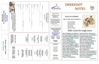 DEERFOOTDEERFOOTDEERFOOTDEERFOOT
NOTESNOTESNOTESNOTES
August 11, 2019
GreetersAugust11,2019
IMPACTGROUP2
WELCOME TO THE
DEERFOOT
CONGREGATION
We want to extend a warm wel-
come to any guests that have come
our way today. We hope that you
enjoy our worship. If you have
any thoughts or questions about
any part of our services, feel free
to contact the elders at:
elders@deerfootcoc.com
CHURCH INFORMATION
5348 Old Springville Road
Pinson, AL 35126
205-833-1400
www.deerfootcoc.com
office@deerfootcoc.com
SERVICE TIMES
Sundays:
Worship 8:15 AM
Bible Class 9:30 AM
Worship 10:30 AM
Worship 5:00 PM
Wednesdays:
7:00 PM
SHEPHERDS
John Gallagher
Rick Glass
Sol Godwin
Skip McCurry
Doug Scruggs
Darnell Self
MINISTERS
Richard Harp
Tim Shoemaker
Johnathan Johnson
StrongerResourcesinChrist
Scripture:Ephesians1:1-4
ChosenbyGod
WehaveS______________R________________becauseweh__________:
1.AC__________________E__________________ByG________.
Ephesians___:___-___
Acts___:___-___
Philippians___:___-___;___:___
WehaveS______________R________________becauseweh__________:
2.C_______________B_________________ByG_______.
Ephesians___:___
2Peter___:___-___
WehaveS______________R________________becausewehaveb___________:
3.ChosenByGod
Ephesians___:___
John___:___-___
10:30AMService
Welcome
OpeningPrayer
GeraldWilson
LordSupper/Offering
DavidDangar
ScriptureReading
JeffHood
Sermon
————————————————————
5:00PMService
OpeningPrayer
MichaelDykes
Lord’sSupper/Offering
BobbyGunn
DOMforAugust
Wilson,Cobb,Cosby
BusDrivers
August11ButchKey790-3396
August18DavidSkelton541-5226
August25MarkAdkinson790-8034
WEBSITE
deerfootcoc.com
office@deerfootcoc.com
205-833-1400
8:00AMService
Welcome
OpeningPrayer
JamesPepper
LordSupper/Offering
LesSelf
ScriptureReading
DerrellPepper
Sermon
BaptismalGarmentsfor
August
AmberNorris
EldersDownFront
8:00AMSolGodwin
10:30AMRickGlass
5:00PMJohnGallagher
Ourweeklyshow,Plant&Water,isnowavailable.
YoucanwatchRichardandJohnathaneveryWednes-
dayonourChurchofChristFacebookpage.Youcan
watchorlistentotheshowonyoursmartphone,
tablet,orcomputer.
BACK TO SCHOOL
PRAY FOR OUR SCHOOLS
FOR OUR CHURCH
FOR OUR MINSTERS
FOR OUR ELDERS
FOR OUR DEACONS
FOR THE SICK
FOR THE LOST
FOR OUR FAMILY
FOR OUR TEACHERS
 