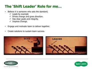 The ‘Shift Leader’ Role for me…
• Believe it is someone who sets the standard;
 Leads by example
 Drives change and give...