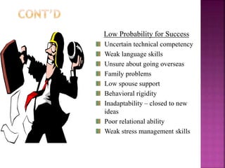 Low Probability for Success
Uncertain technical competency
Weak language skills
Unsure about going overseas
Family problems
Low spouse support
Behavioral rigidity
Inadaptability – closed to new
ideas
Poor relational ability
Weak stress management skills
 