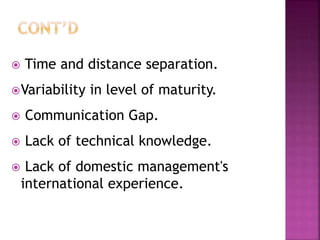  Time and distance separation.
Variability in level of maturity.
 Communication Gap.
 Lack of technical knowledge.
 Lack of domestic management's
international experience.
 