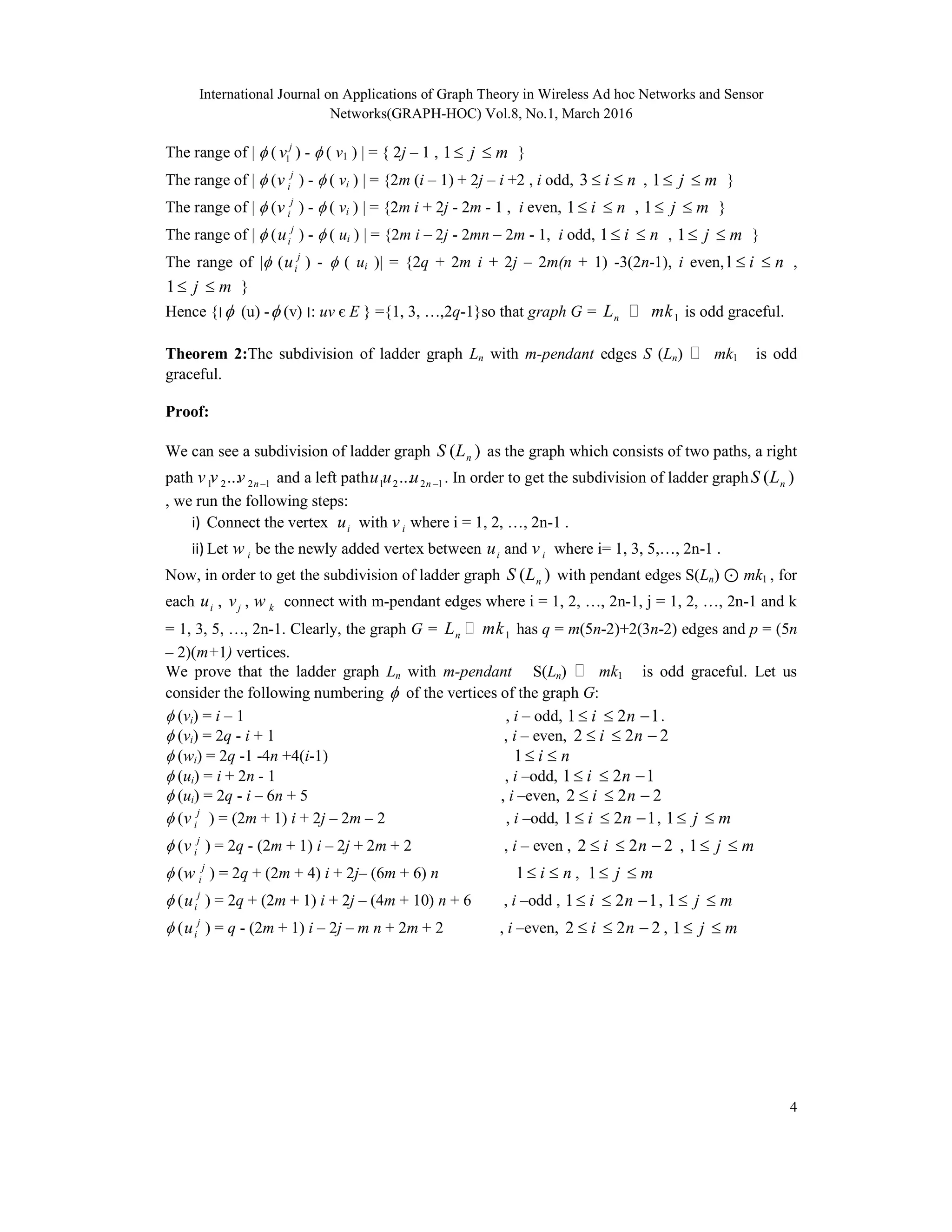 International Journal on Applications of Graph Theory in Wireless Ad hoc Networks and Sensor
Networks(GRAPH-HOC) Vol.8, No.1, March 2016
4
The range of |  ( 1
j
v ) -  ( v1 ) | = { 2j – 1 , 1 j m  }
The range of |  ( j
iv ) -  ( vi ) | = {2m (i – 1) + 2j – i +2 , i odd, 3 i n  , 1 j m  }
The range of |  ( j
iv ) -  ( vi ) | = {2m i + 2j - 2m - 1 , i even, 1 i n  , 1 j m  }
The range of |  ( j
iu ) -  ( ui ) | = {2m i – 2j - 2mn – 2m - 1, i odd, 1 i n  , 1 j m  }
The range of | ( j
iu ) -  ( ui )| = {2q + 2m i + 2j – 2m(n + 1) -3(2n-1), i even,1 i n  ,
1 j m  }
Hence {‫׀‬ (u) - (v) ‫:׀‬ uv є E } ={1, 3, …,2q-1}so that graph G = 1nL mk is odd graceful.
Theorem 2:The subdivision of ladder graph Ln with m-pendant edges S (Ln)  mk1 is odd
graceful.
Proof:
We can see a subdivision of ladder graph ( )nS L as the graph which consists of two paths, a right
path 1 2 2 1... nv v v  and a left path 1 2 2 1... nu u u  . In order to get the subdivision of ladder graph ( )nS L
, we run the following steps:
i) Connect the vertex iu with iv where i = 1, 2, …, 2n-1 .
ii) Let iw be the newly added vertex between iu and iv where i= 1, 3, 5,…, 2n-1 .
Now, in order to get the subdivision of ladder graph ( )nS L with pendant edges S(Ln) ⊙ mk1 , for
each iu , jv , kw connect with m-pendant edges where i = 1, 2, …, 2n-1, j = 1, 2, …, 2n-1 and k
= 1, 3, 5, …, 2n-1. Clearly, the graph G = 1nL mk has q = m(5n-2)+2(3n-2) edges and p = (5n
– 2)(m+1) vertices.
We prove that the ladder graph Ln with m-pendant S(Ln)  mk1 is odd graceful. Let us
consider the following numbering  of the vertices of the graph G:
 (vi) = i – 1 , i – odd, 1 2 1i n   .
 (vi) = 2q - i + 1 , i – even, 2 2 2i n  
 (wi) = 2q -1 -4n +4(i-1) 1 i n 
 (ui) = i + 2n - 1 , i –odd, 1 2 1i n  
 (ui) = 2q - i – 6n + 5 , i –even, 2 2 2i n  
 ( j
iv ) = (2m + 1) i + 2j – 2m – 2 , i –odd, 1 2 1i n   , 1 j m 
 ( j
iv ) = 2q - (2m + 1) i – 2j + 2m + 2 , i – even , 2 2 2i n   , 1 j m 
 ( j
iw ) = 2q + (2m + 4) i + 2j– (6m + 6) n 1 i n  , 1 j m 
 ( j
iu ) = 2q + (2m + 1) i + 2j – (4m + 10) n + 6 , i –odd , 1 2 1i n   , 1 j m 
 ( j
iu ) = q - (2m + 1) i – 2j – m n + 2m + 2 , i –even, 2 2 2i n   , 1 j m 
 