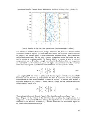 International Journal of Computer Science & Engineering Survey (IJCSES) Vol.8, No.1, February 2017
15
Figure 6. Sampling of 1000 Data Points from a Normal Distribution with µ = 0 and σ = 2
Now we need to extend our discussion to multiple dimensions. I.e., how do we describe random
variations in vectors as opposed to scalars? Here we will limit our discussion to two dimensions
for simplicity, but the idea applies to higher dimensioned problems as well. When considering
multiple dimensions, rather than just using a variance to describe a normal distribution, you now
need to consider a covariance matrix. To illustrate this, let us consider a vector x with two
components, x1 and x2. If we have a simple case where the distributions of the two components
are independent, i.e. the variation in x1 does not depend on x2 and vice versa, the covariance
matrix would be diagonal. Consider an example with means of 0 and covariance matrix
1
2
2
2
0 4 0
0 90
x
x
P
σ
σ
   
= =   
   
(40)
Again sampling 1000 data points, we get the result shown in Figure 7. Note that our ±1σ and ±2σ
boundaries are now described by ellipses rather than bars. It is possible, however, in multiple
dimensions for the error in one component to depend on the other. In this case, there becomes a
correlation between the two variables. Consider a second example that now considers cross-terms
in the covariance matrix, as in
1 1 2
1 2 2
2 2
2 2
4 1
1 9
x x x
x x x
P
σ σ
σ σ
   
= =   
   
(41)
The resulting distribution is shown in Figure 8. Note the difference between Figure 7 and
Figure 8Figure 8 is the rotation of the distribution, thus describing the coupling in the two
components. In the context of Kalman filtering, the important aspect of covariance matrices to
understand is how the errors are related, e.g., does the error in the first measurement depend on
the error in the second measurement, etc.
Sample#
 