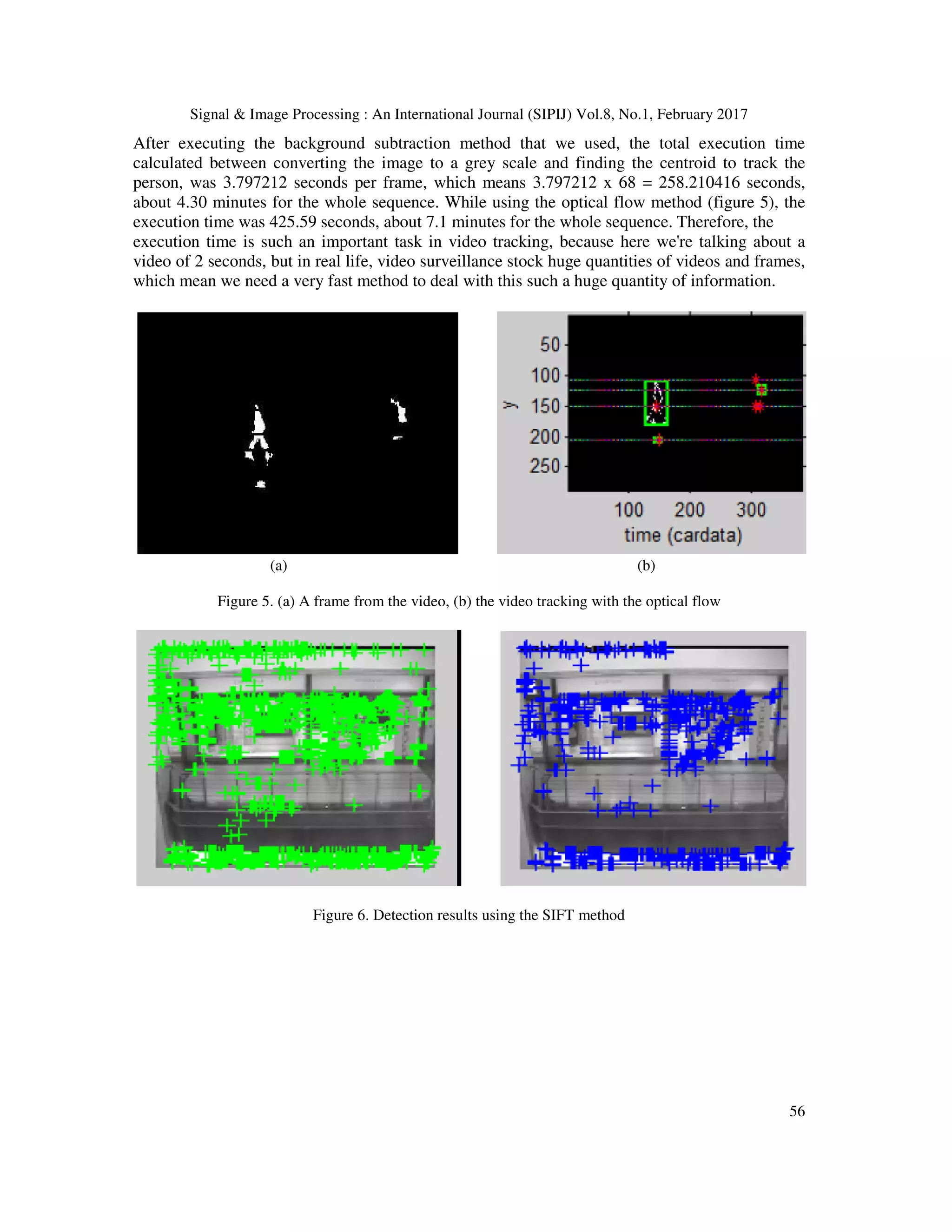 Signal & Image Processing : An International Journal (SIPIJ) Vol.8, No.1, February 2017
56
After executing the background subtraction method that we used, the total execution time
calculated between converting the image to a grey scale and finding the centroid to track the
person, was 3.797212 seconds per frame, which means 3.797212 x 68 = 258.210416 seconds,
about 4.30 minutes for the whole sequence. While using the optical flow method (figure 5), the
execution time was 425.59 seconds, about 7.1 minutes for the whole sequence. Therefore, the
execution time is such an important task in video tracking, because here we're talking about a
video of 2 seconds, but in real life, video surveillance stock huge quantities of videos and frames,
which mean we need a very fast method to deal with this such a huge quantity of information.
(a) (b)
Figure 5. (a) A frame from the video, (b) the video tracking with the optical flow
Figure 6. Detection results using the SIFT method
 